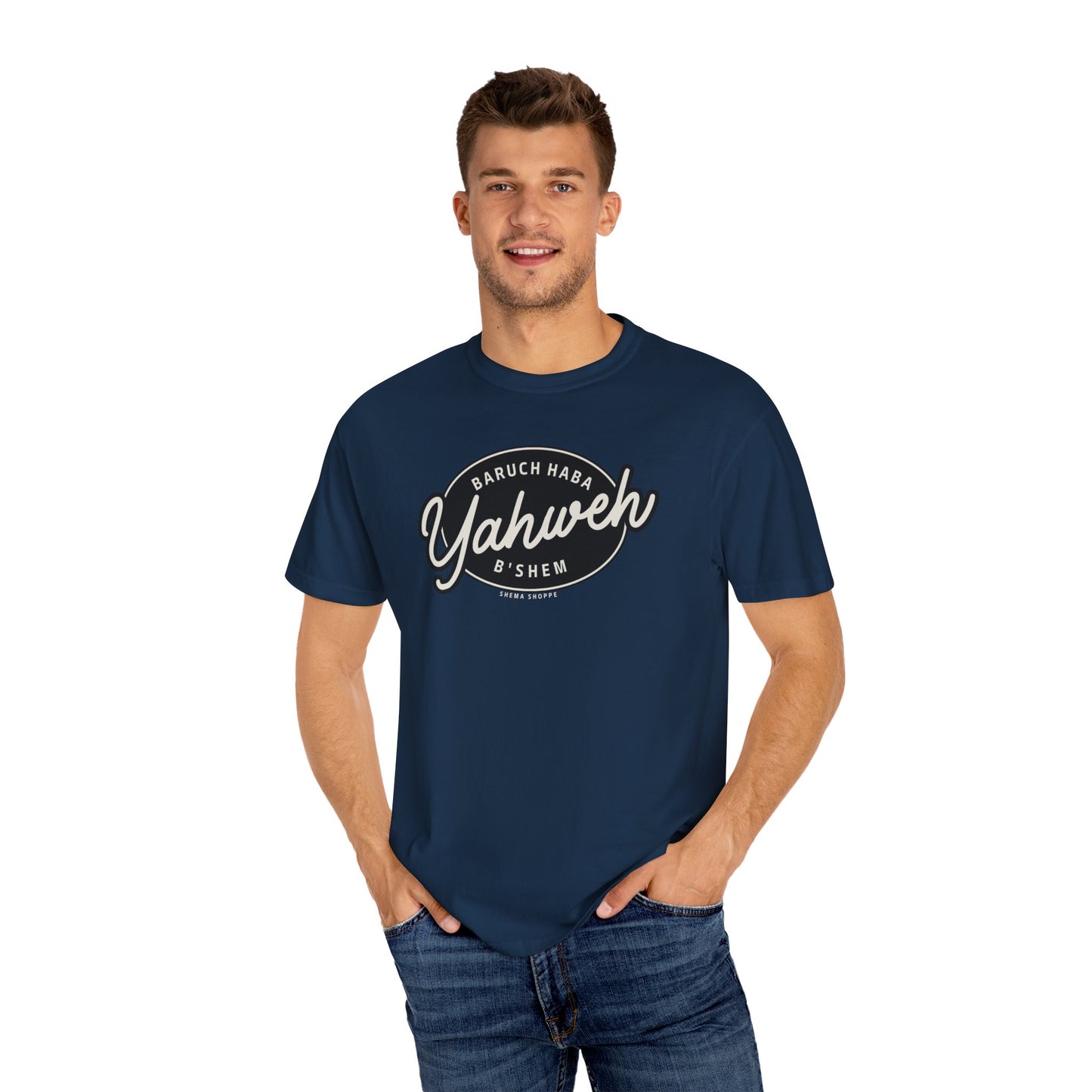 Cotton Tee Baruch Haba B'Shem Yahweh Unisex Garment-Dyed T-shirt