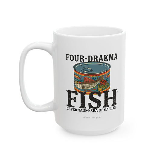 Vintage Label Four-Drakma Fish Company Ceramic Cafe Design, Funny Coffee Lover Gift, Tea Mug for Home, Office, Unique Drinkware for Bibliophiles