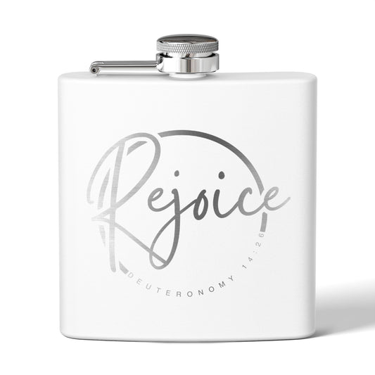 Rejoice Stainless Steel Flask — 6oz Inspirational Biblical Feasts Hip Flask (Deuteronomy 12:7)