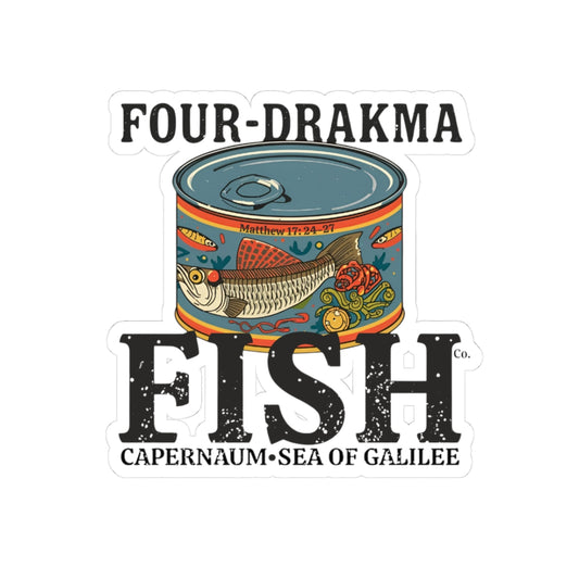 Vintage Four-Drakma Fish Company Kiss-Cut Sticker - Unique Decor for Laptops, Journals, and Gifts, Retro Aesthetic, Great for Bibliophiles