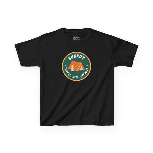 Kids Sukkot Tee — 'Sukkot - Dwell with Yeshua' Camping Badge Shirt