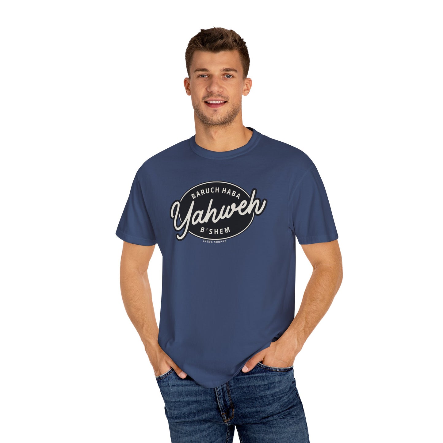 Cotton Tee Baruch Haba B'Shem Yahweh Unisex Garment-Dyed T-shirt