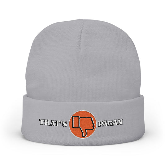 Embroidered 'That's Pagan' Knit Beanie — Thumbs Down Logo Winter Hat