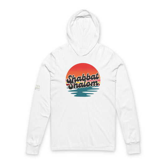 Shabbat Shalom Cotton Hooded Long Sleeve Tee — Retro Sunset Sabbath Shirt