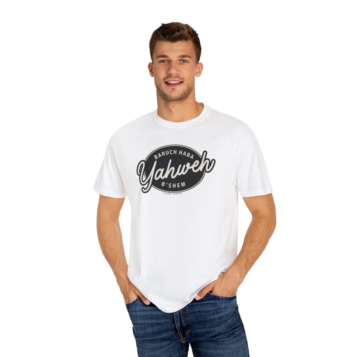 Cotton Tee Baruch Haba B'Shem Yahweh Unisex Garment-Dyed T-shirt