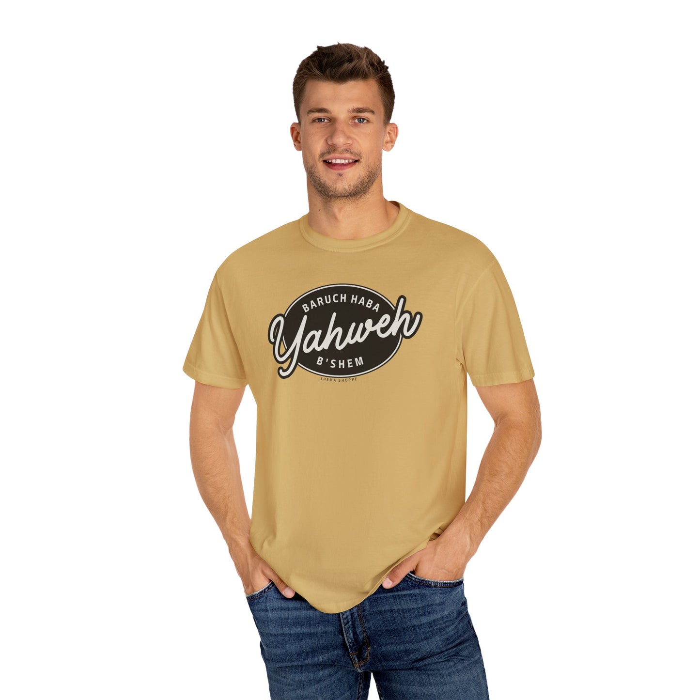 Cotton Tee Baruch Haba B'Shem Yahweh Unisex Garment-Dyed T-shirt