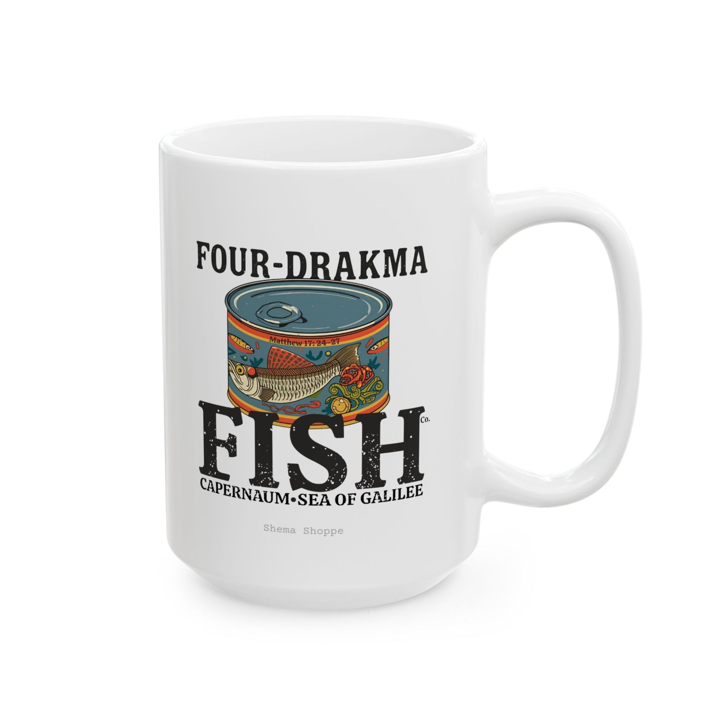 Vintage Label Four-Drakma Fish Company Ceramic Cafe Design, Funny Coffee Lover Gift, Tea Mug for Home, Office, Unique Drinkware for Bibliophiles