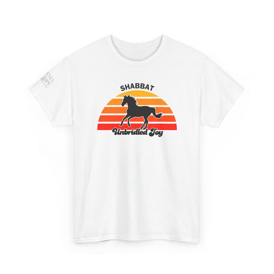 Shabbat Unbridled Joy Tee — Retro Horse Sabbath Sunset T‑Shirt