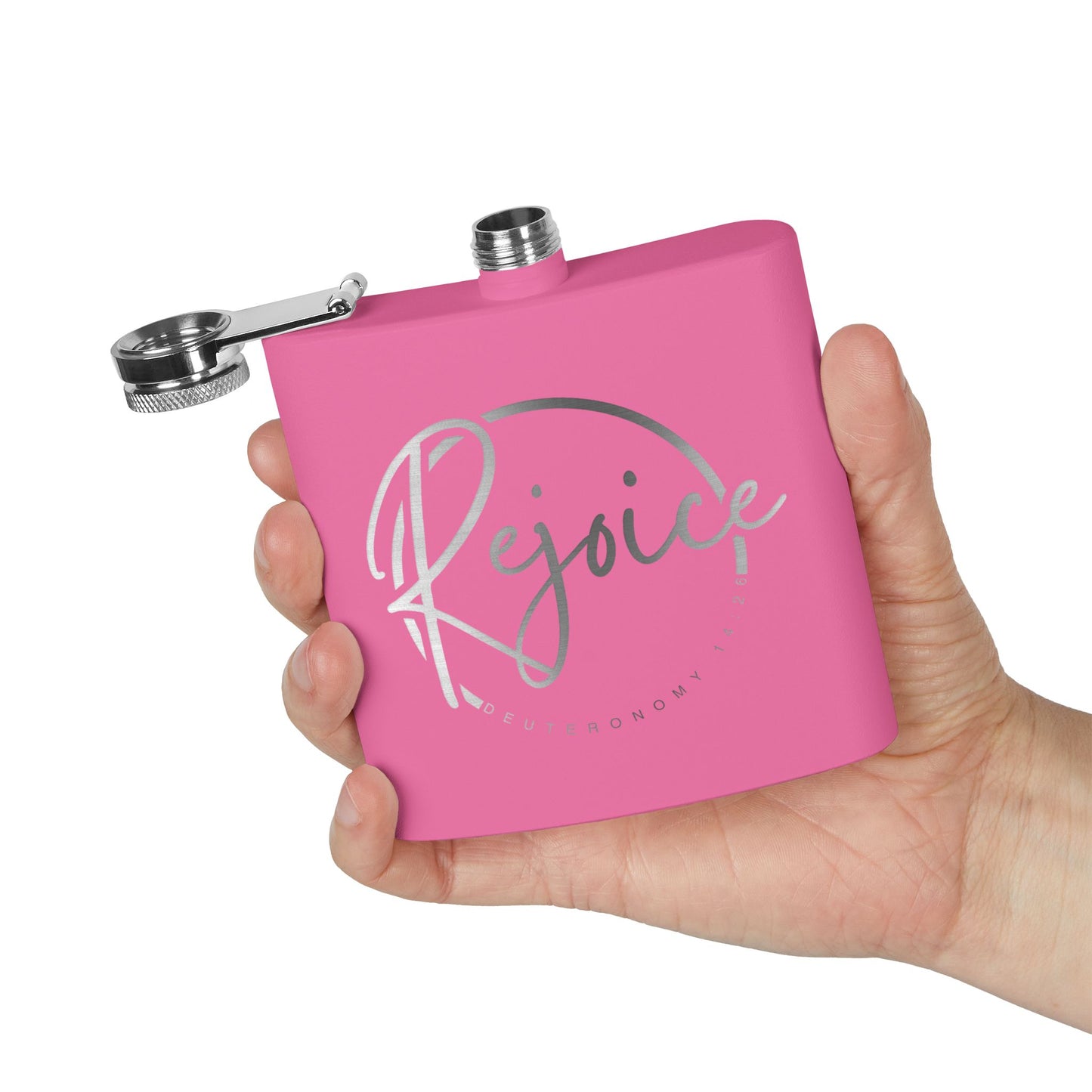 Rejoice Stainless Steel Flask — 6oz Inspirational Biblical Feasts Hip Flask (Deuteronomy 12:7)