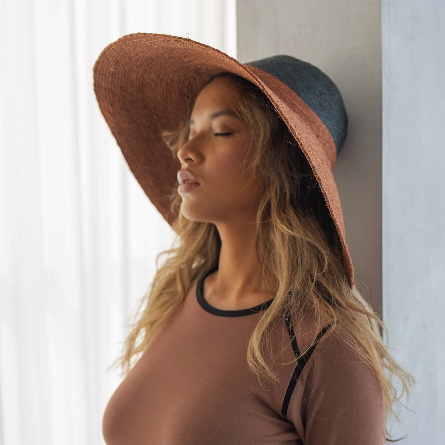 Jute Handwoven Straw Hat in Burnt Sienna & Black