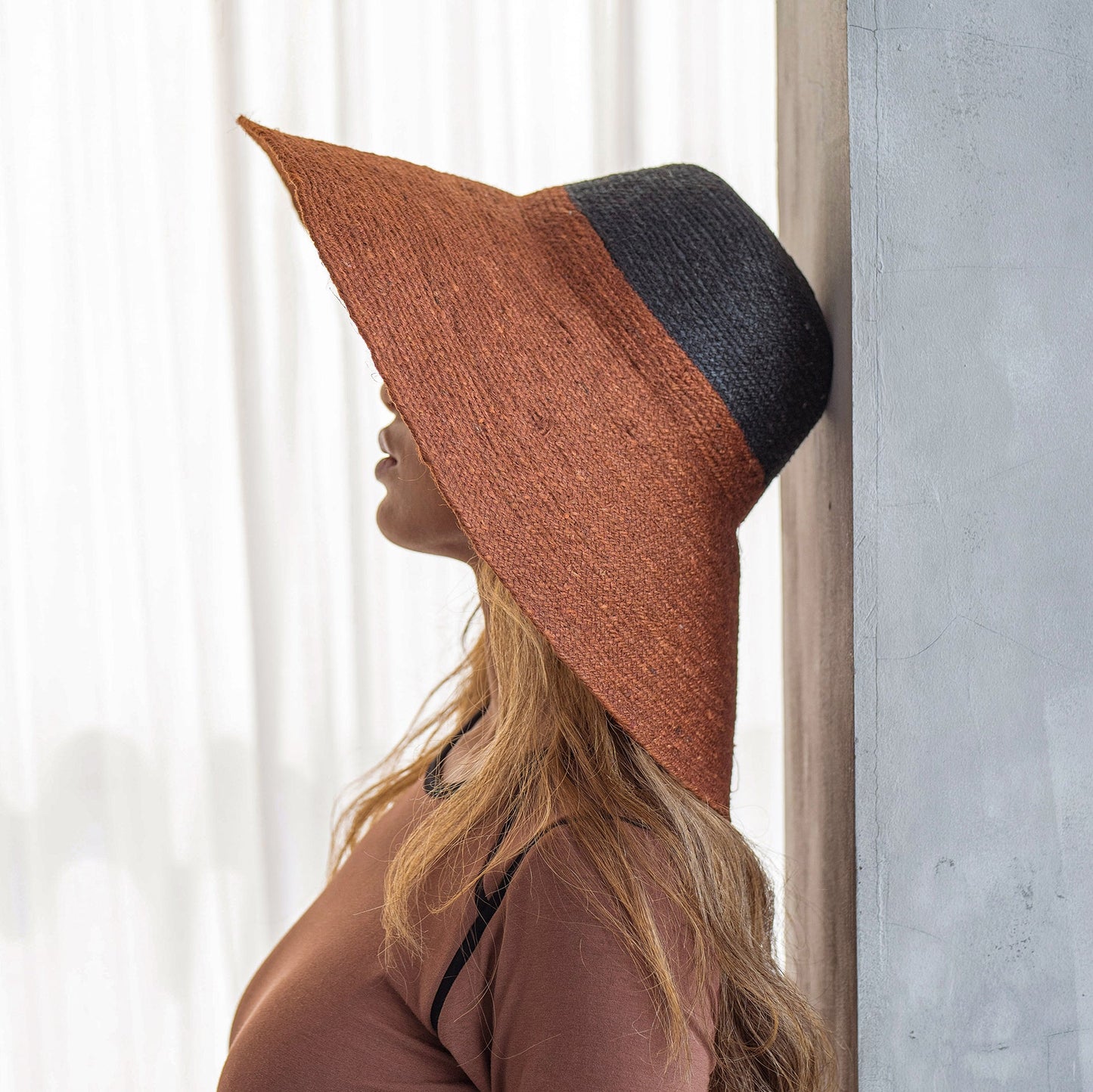 Jute Handwoven Straw Hat in Burnt Sienna & Black