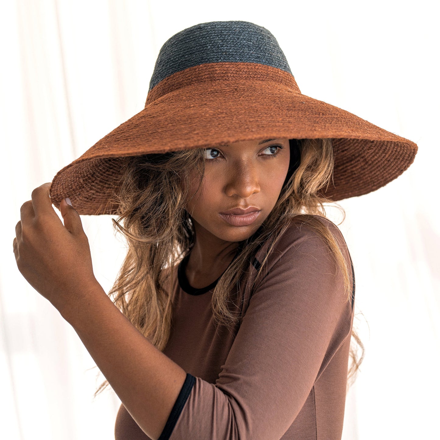 Jute Handwoven Straw Hat in Burnt Sienna & Black