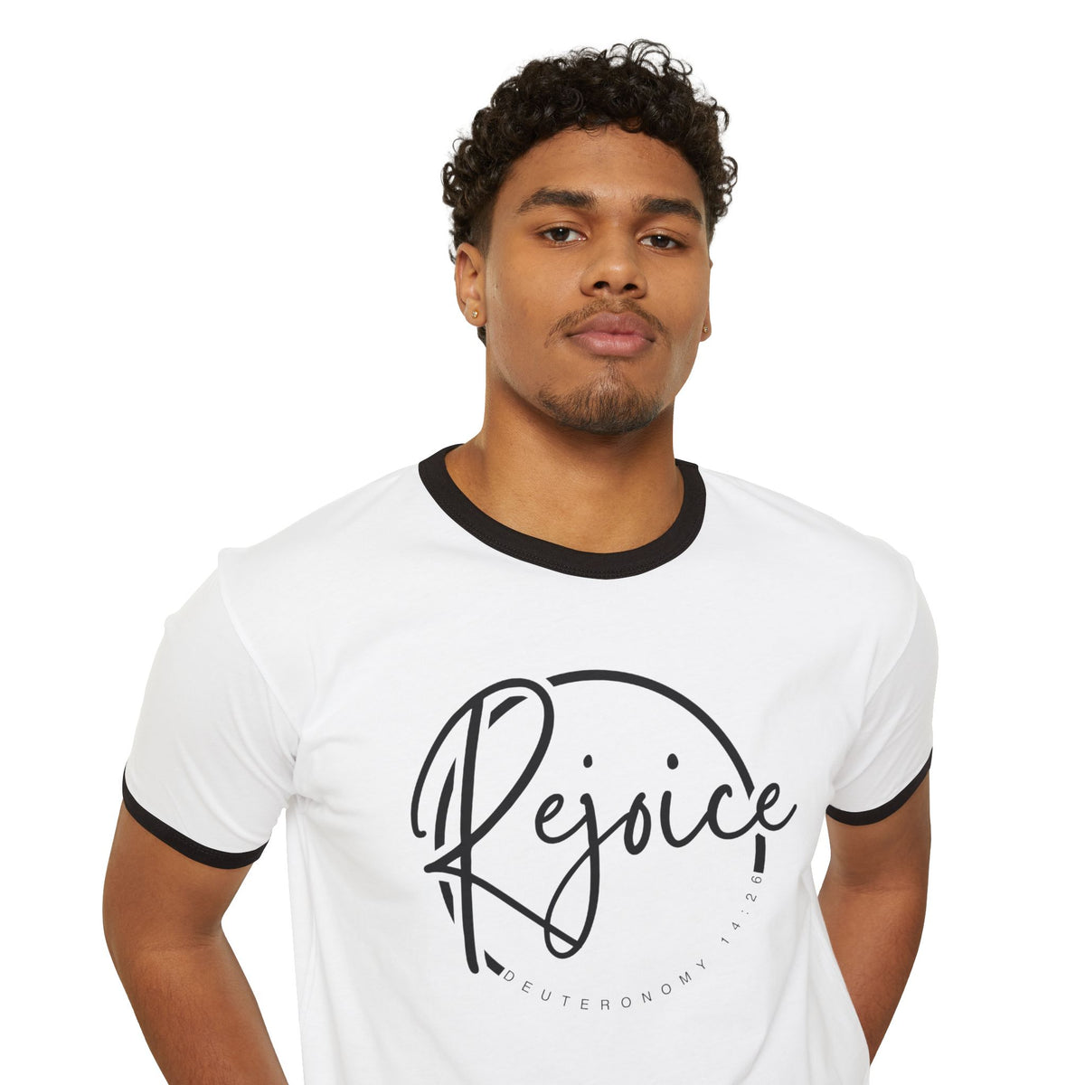 Rejoice Script Ringer Tee — Inspirational Torah Inspired Biblical Feast Graphic T-Shirt