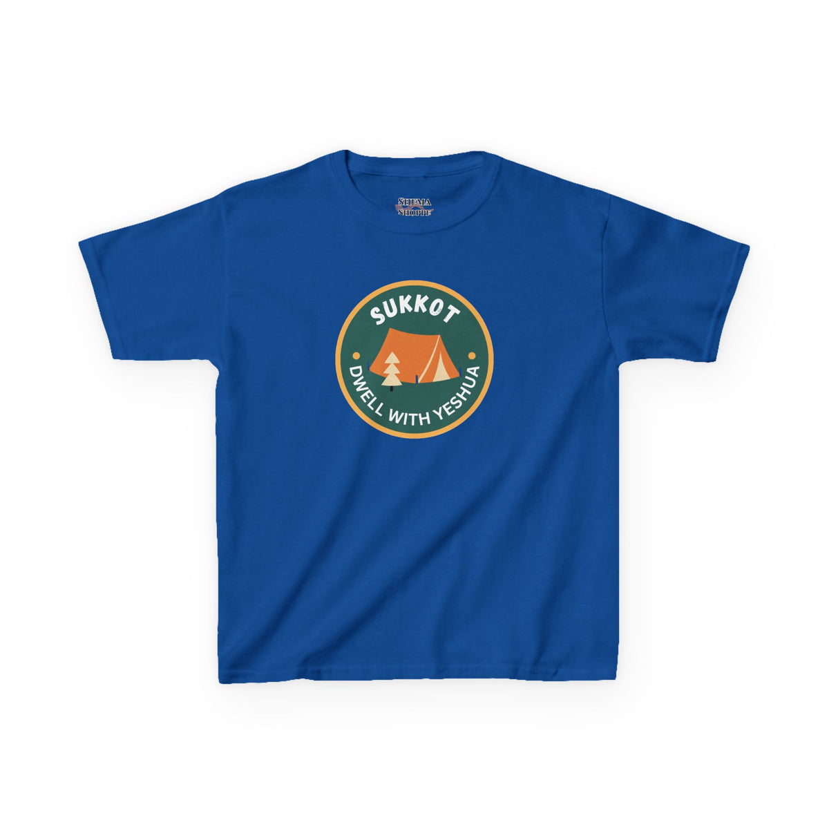 Kids Sukkot Tee — 'Sukkot - Dwell with Yeshua' Camping Badge Shirt