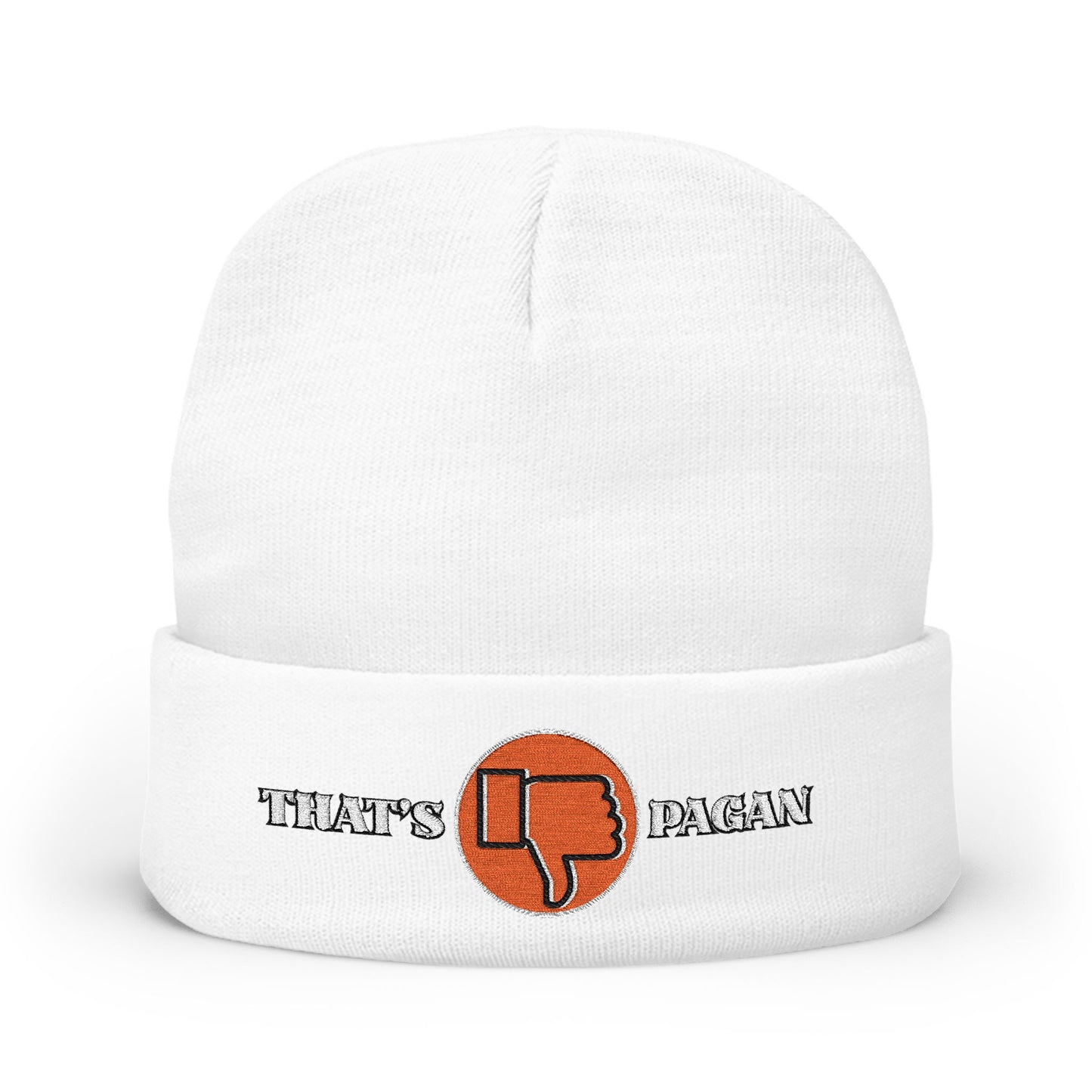Embroidered 'That's Pagan' Knit Beanie — Thumbs Down Logo Winter Hat