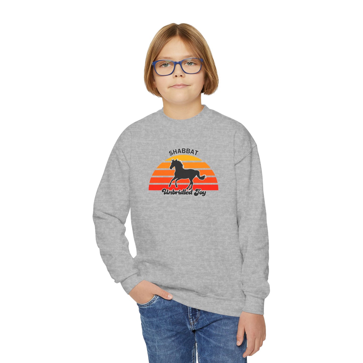 Youth Crewneck Sweatshirt — "Shabbat: Unbridled Joy" Retro Sunset Horse Design