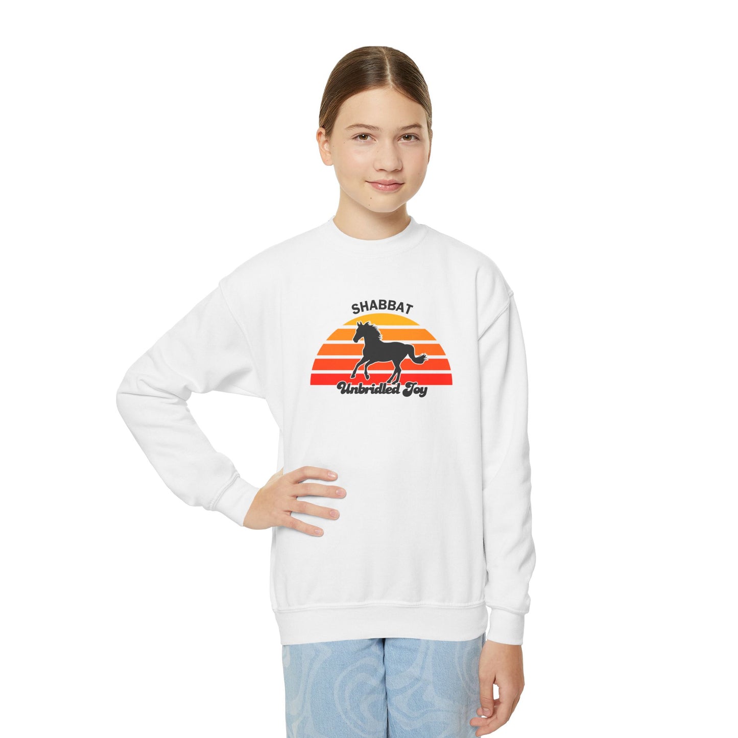 Youth Crewneck Sweatshirt — "Shabbat: Unbridled Joy" Retro Sunset Horse Design