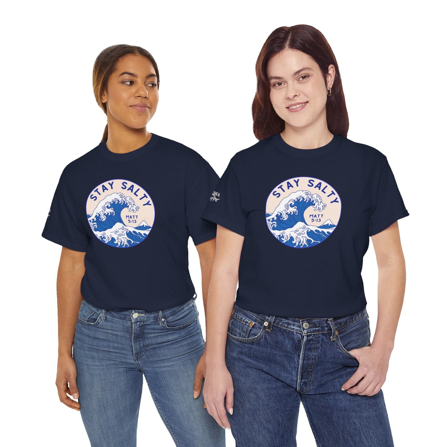 Stay Salty Surf T-Shirt — Coastal Wave Graphic with Matthew 5:13 (Hokusai-Inspired)