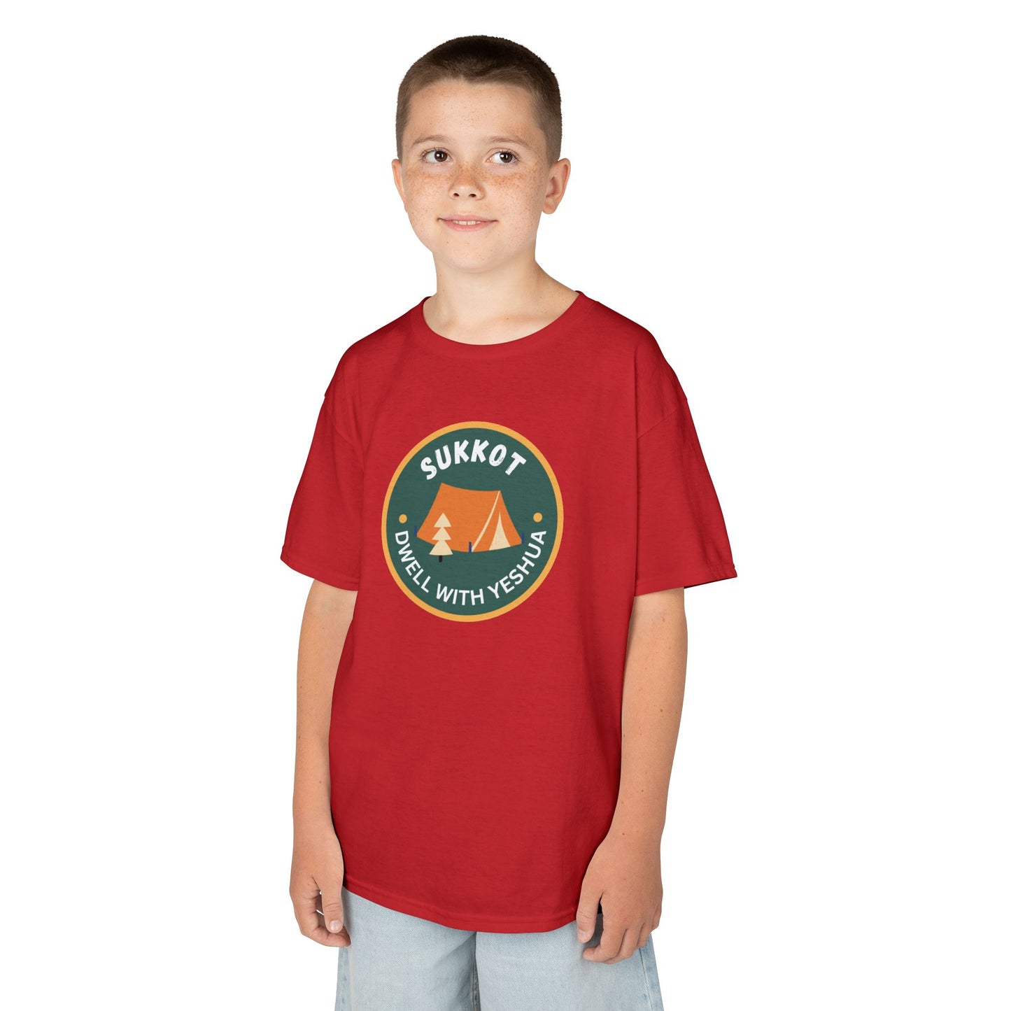 Kids Sukkot Tee — 'Sukkot - Dwell with Yeshua' Camping Badge Shirt