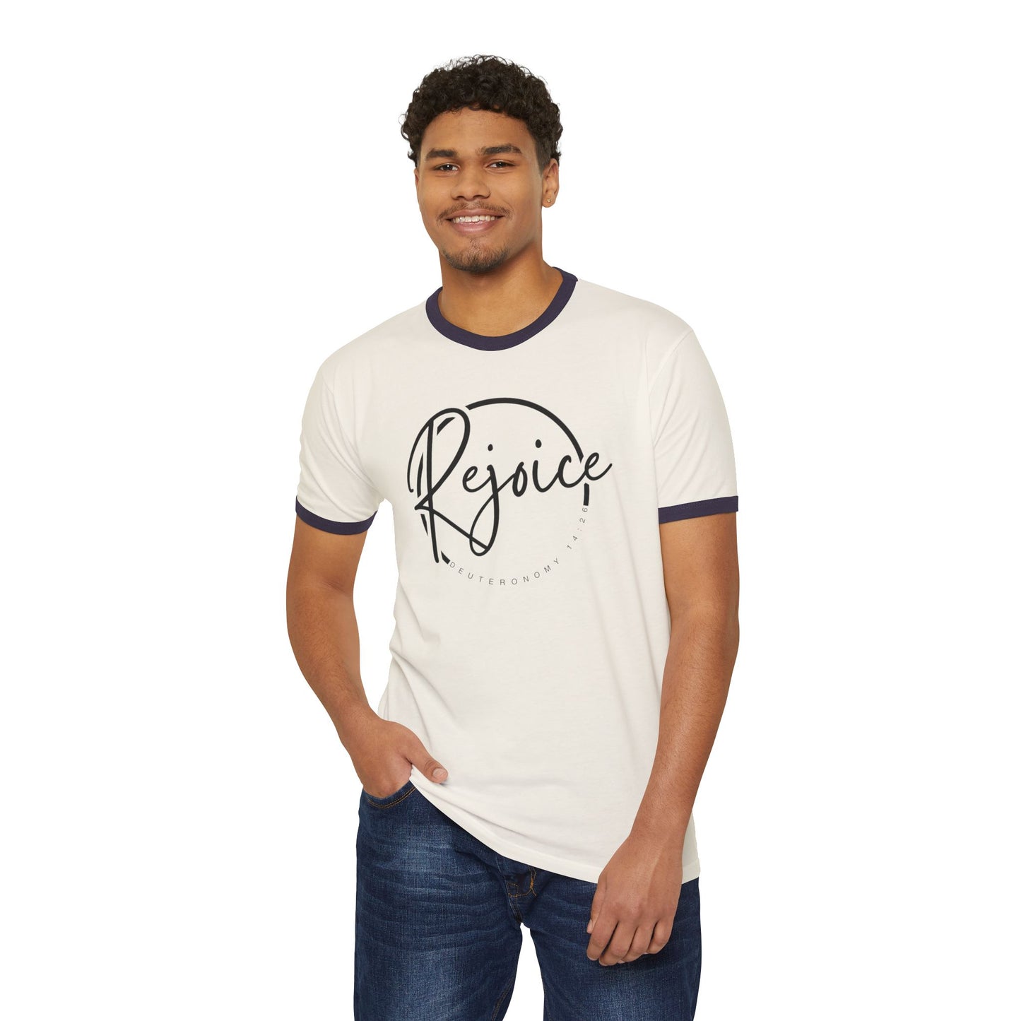Rejoice Script Ringer Tee — Inspirational Torah Inspired Biblical Feast Graphic T-Shirt