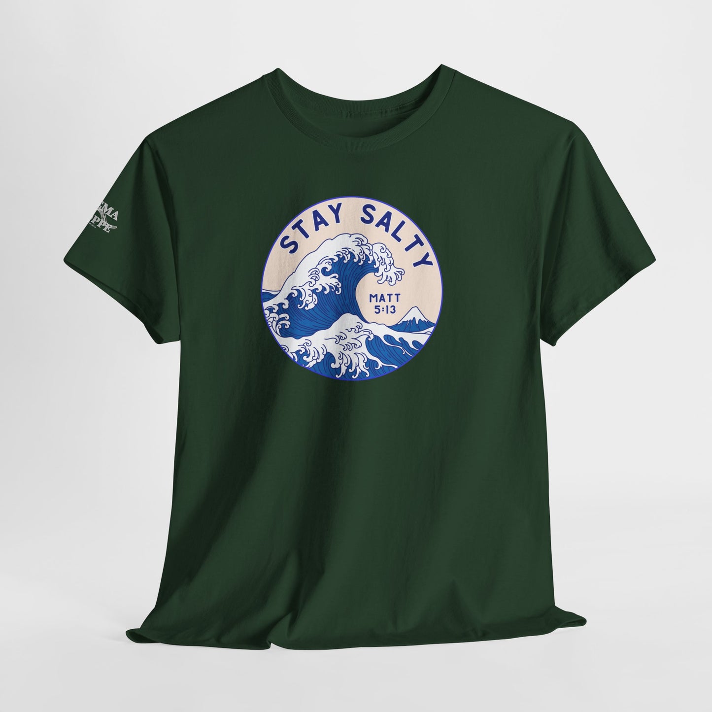 Stay Salty Surf T-Shirt — Coastal Wave Graphic with Matthew 5:13 (Hokusai-Inspired)