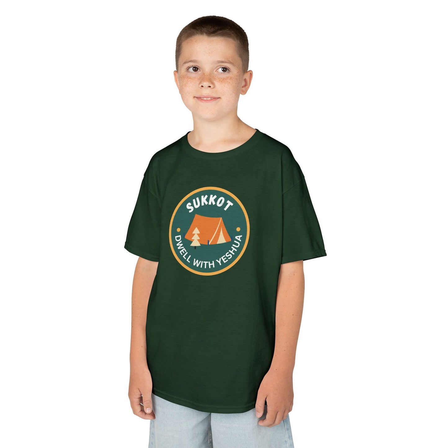 Kids Sukkot Tee — 'Sukkot - Dwell with Yeshua' Camping Badge Shirt