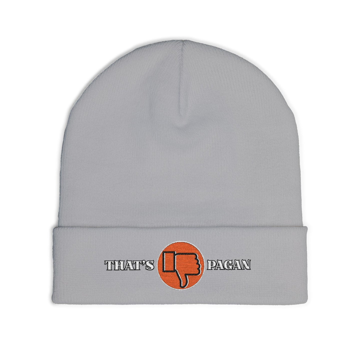 Embroidered 'That's Pagan' Knit Beanie — Thumbs Down Logo Winter Hat