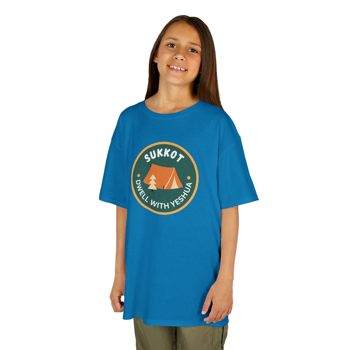 Kids Sukkot Tee — 'Sukkot - Dwell with Yeshua' Camping Badge Shirt