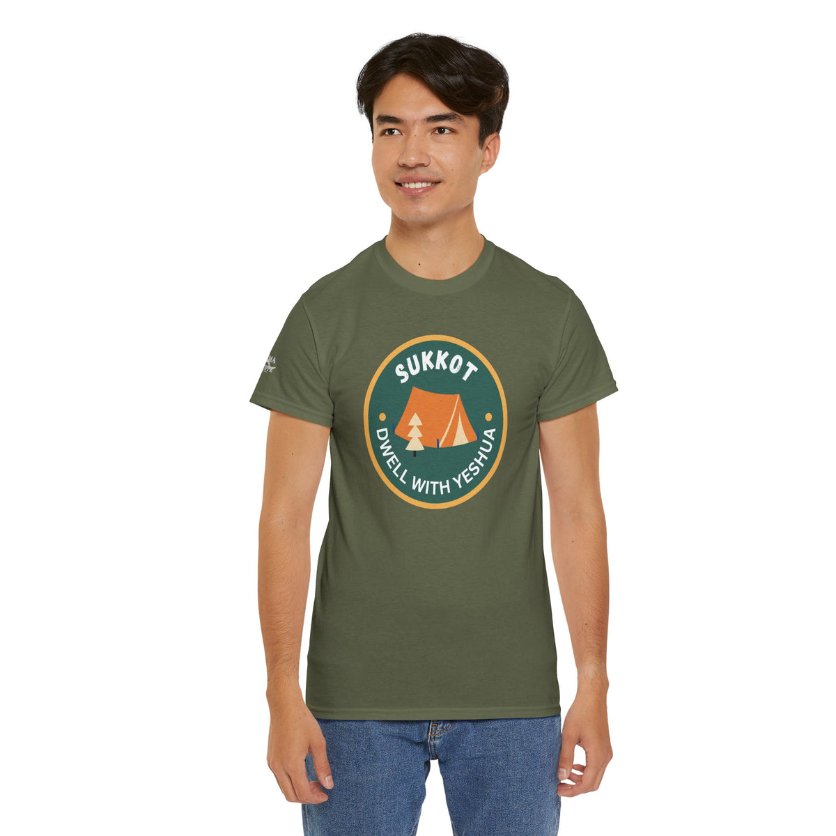 Sukkot Camping Tee — “Dwell With Yeshua” Biblical Feast T‑Shirt