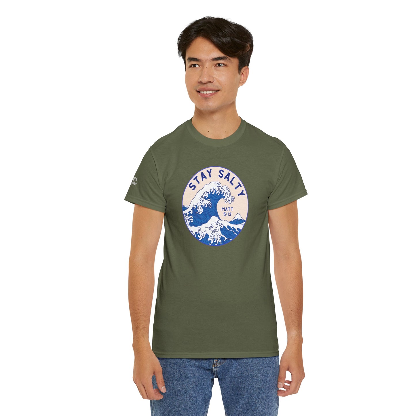 Stay Salty Surf T-Shirt — Coastal Wave Graphic with Matthew 5:13 (Hokusai-Inspired)