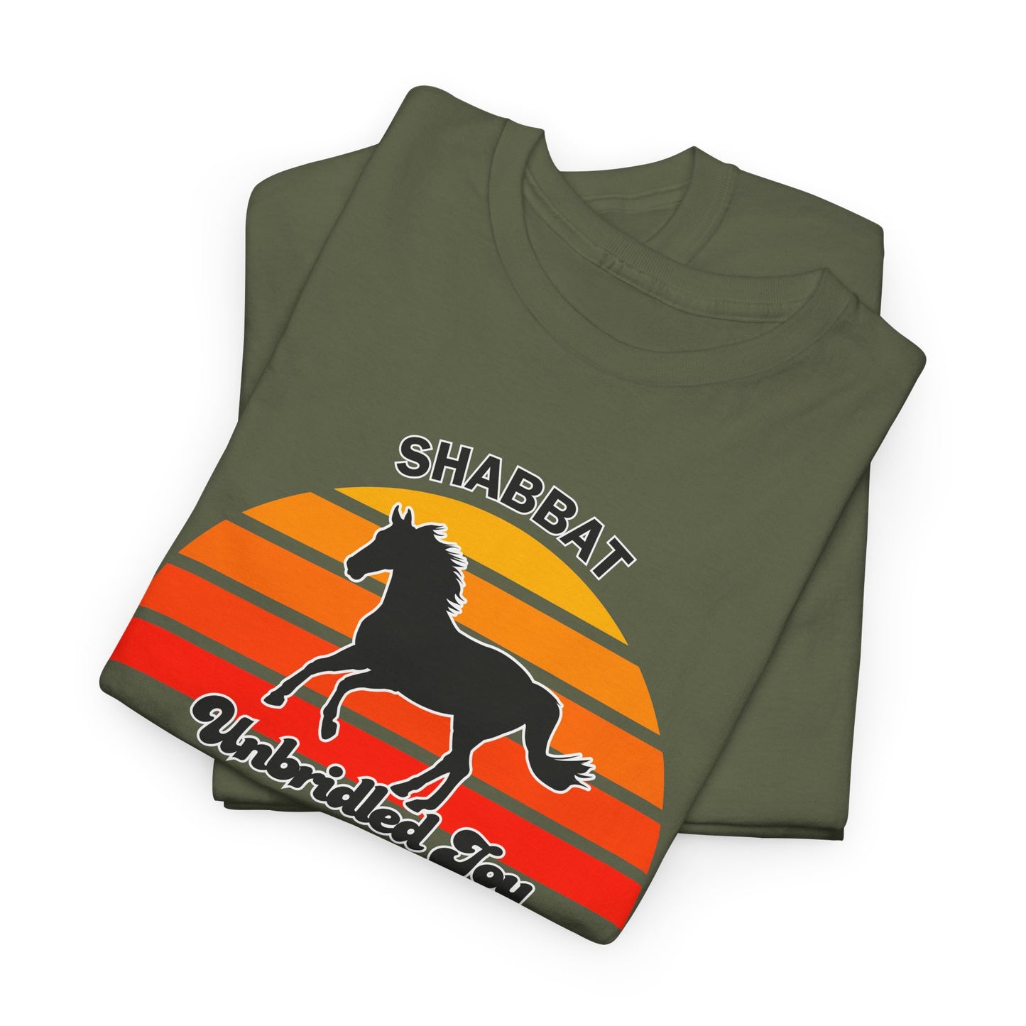 Shabbat Unbridled Joy Tee — Retro Horse Sabbath Sunset T‑Shirt