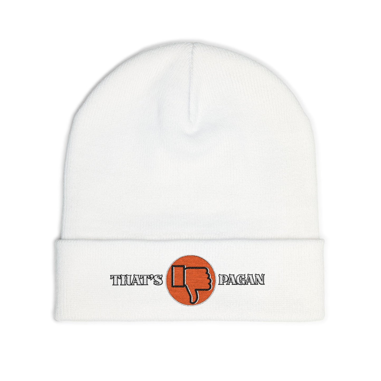 Embroidered 'That's Pagan' Knit Beanie — Thumbs Down Logo Winter Hat