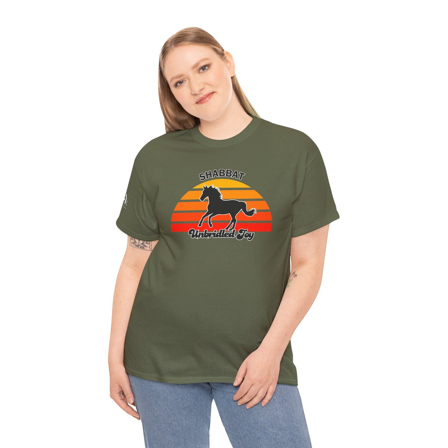 Shabbat Unbridled Joy Tee — Retro Horse Sabbath Sunset T‑Shirt
