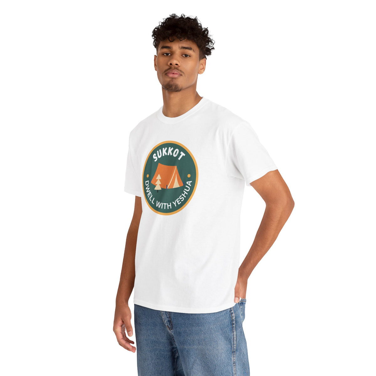 Sukkot Camping Tee — “Dwell With Yeshua” Biblical Feast T‑Shirt