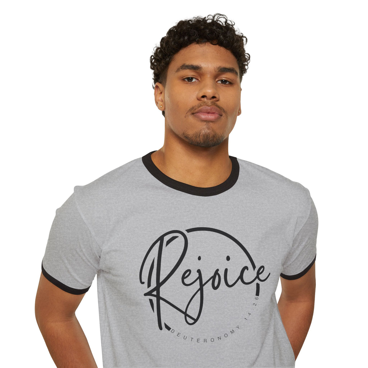 Rejoice Script Ringer Tee — Inspirational Torah Inspired Biblical Feast Graphic T-Shirt