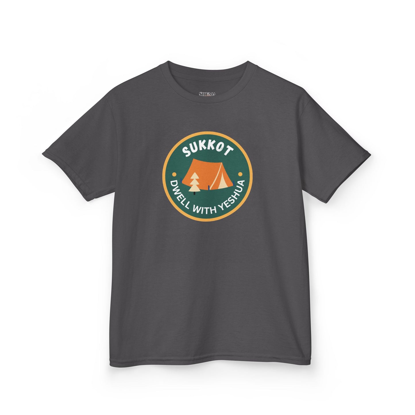 Kids Sukkot Tee — 'Sukkot - Dwell with Yeshua' Camping Badge Shirt
