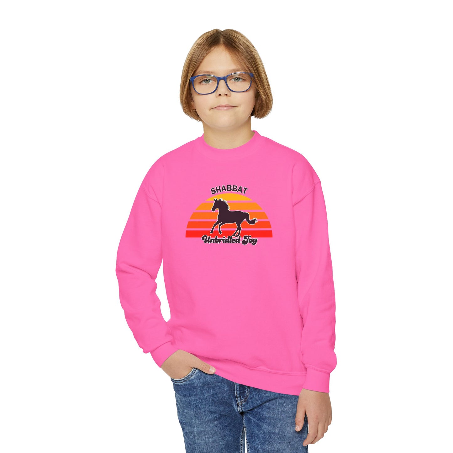 Youth Crewneck Sweatshirt — "Shabbat: Unbridled Joy" Retro Sunset Horse Design