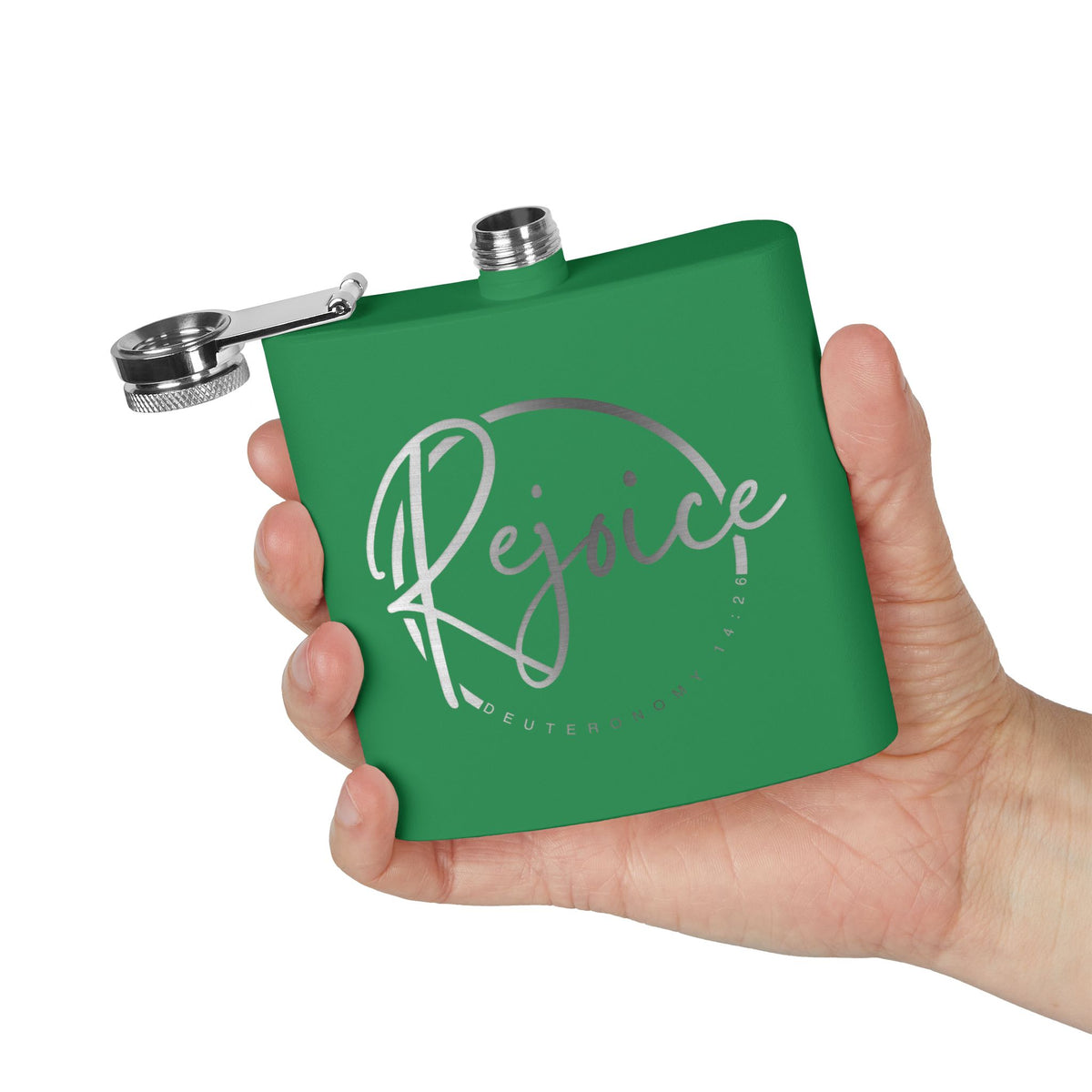 Rejoice Stainless Steel Flask — 6oz Inspirational Biblical Feasts Hip Flask (Deuteronomy 12:7)