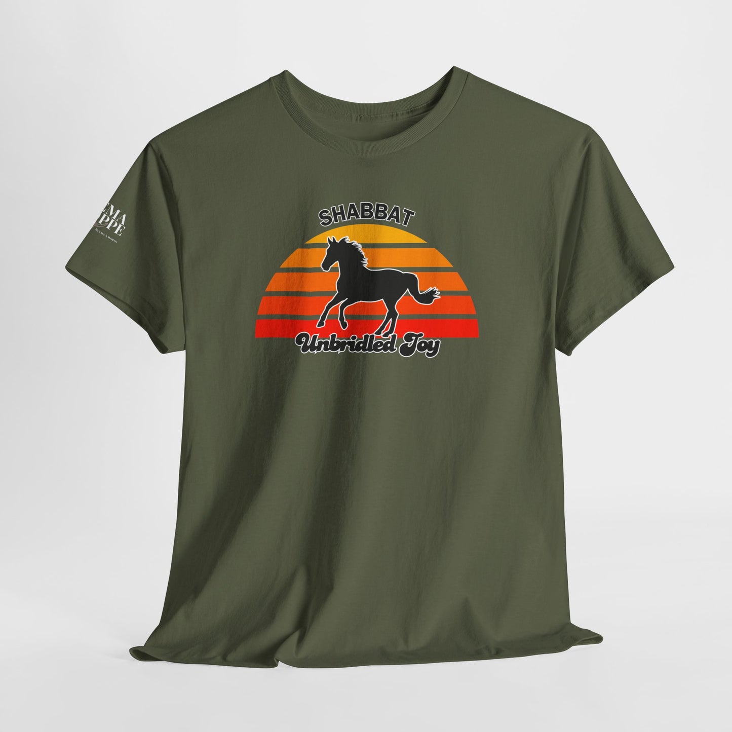 Shabbat Unbridled Joy Tee — Retro Horse Sabbath Sunset T‑Shirt