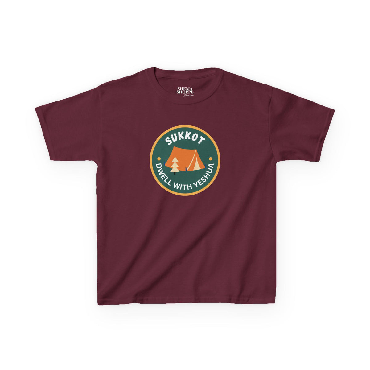 Kids Sukkot Tee — 'Sukkot - Dwell with Yeshua' Camping Badge Shirt