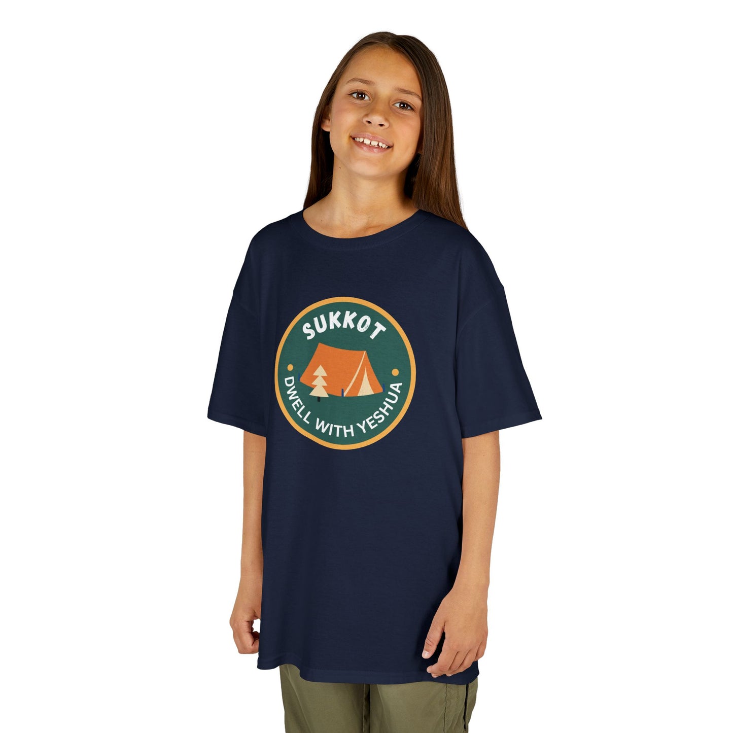 Kids Sukkot Tee — 'Sukkot - Dwell with Yeshua' Camping Badge Shirt