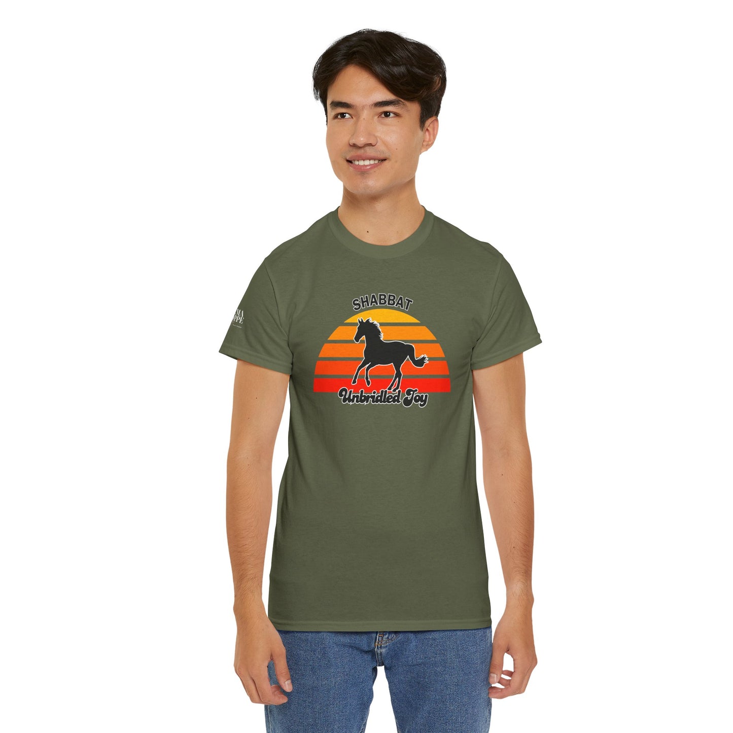 Shabbat Unbridled Joy Tee — Retro Horse Sabbath Sunset T‑Shirt