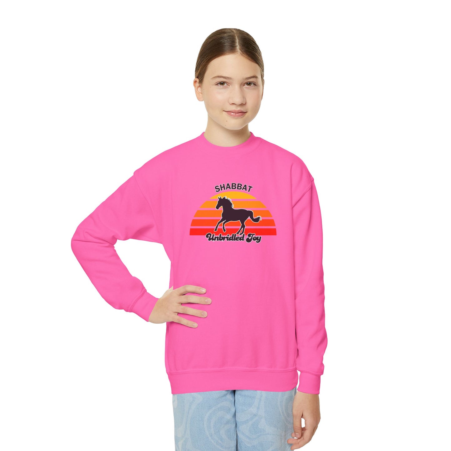 Youth Crewneck Sweatshirt — "Shabbat: Unbridled Joy" Retro Sunset Horse Design