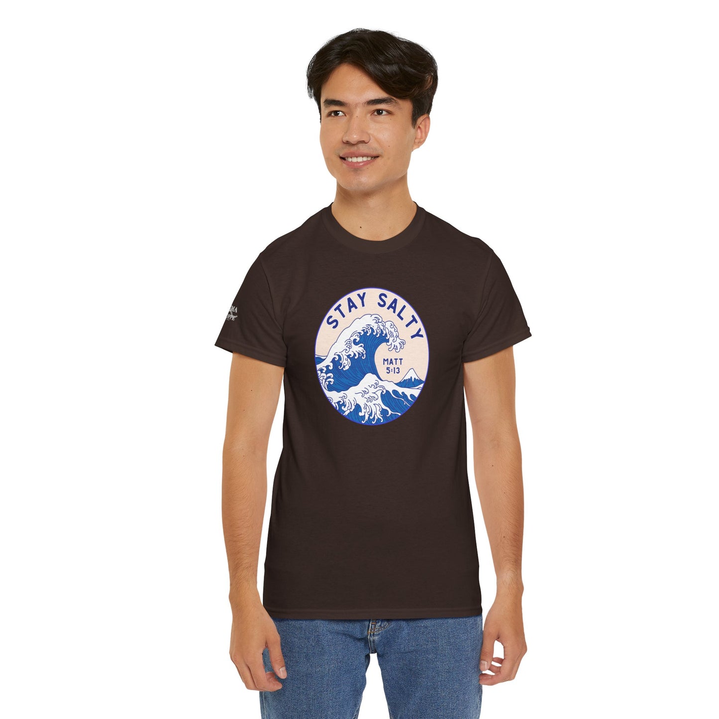 Stay Salty Surf T-Shirt — Coastal Wave Graphic with Matthew 5:13 (Hokusai-Inspired)