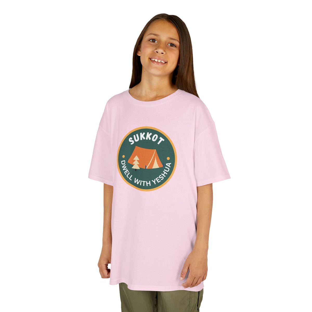 Kids Sukkot Tee — 'Sukkot - Dwell with Yeshua' Camping Badge Shirt
