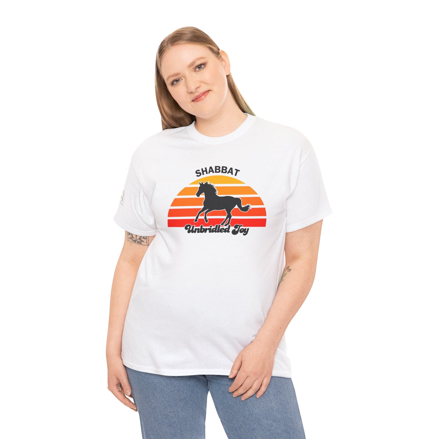 Shabbat Unbridled Joy Tee — Retro Horse Sabbath Sunset T‑Shirt