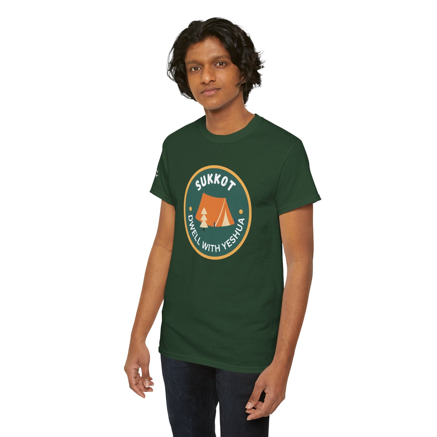 Sukkot Camping Tee — “Dwell With Yeshua” Biblical Feast T‑Shirt