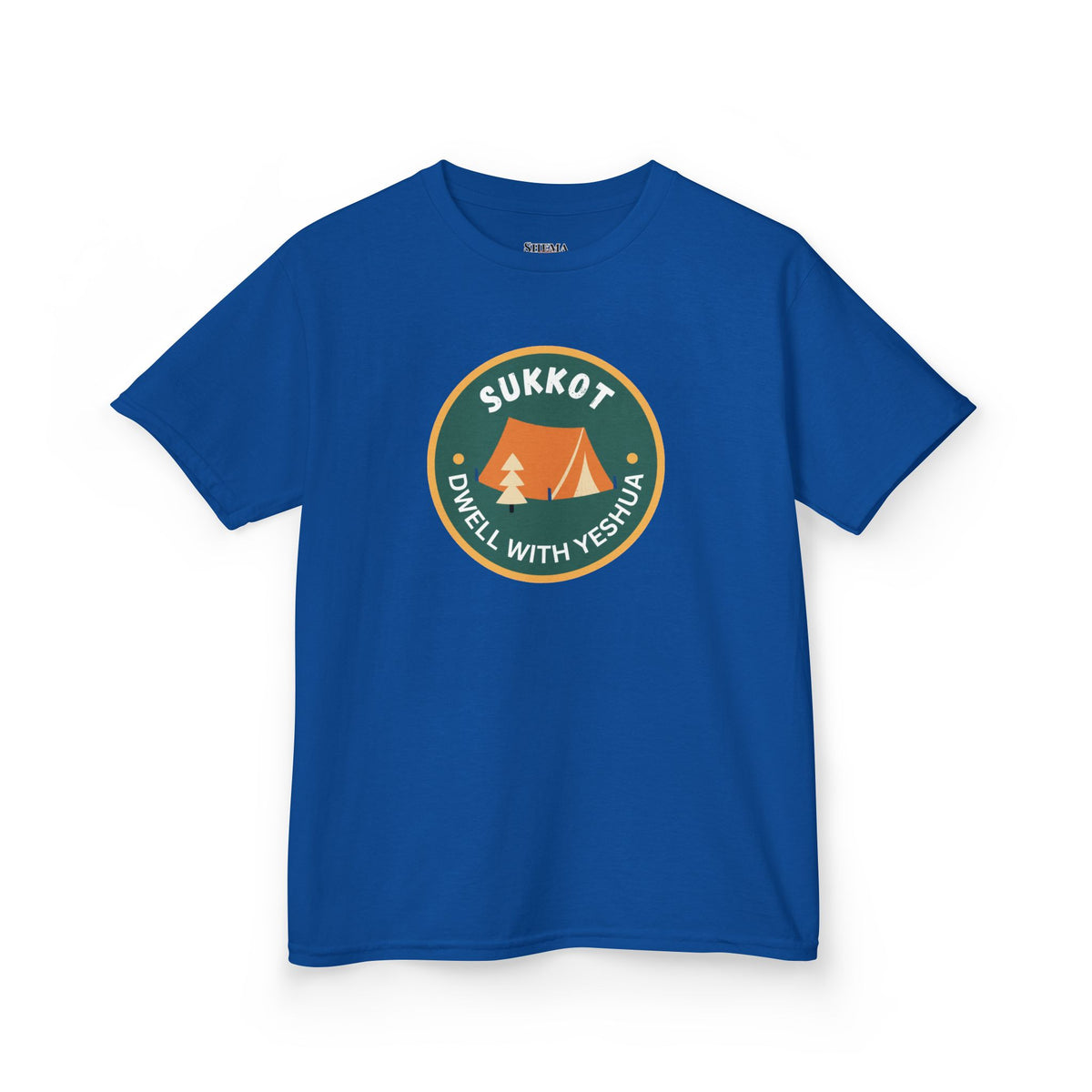 Kids Sukkot Tee — 'Sukkot - Dwell with Yeshua' Camping Badge Shirt