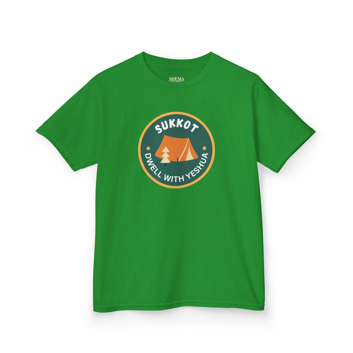 Kids Sukkot Tee — 'Sukkot - Dwell with Yeshua' Camping Badge Shirt