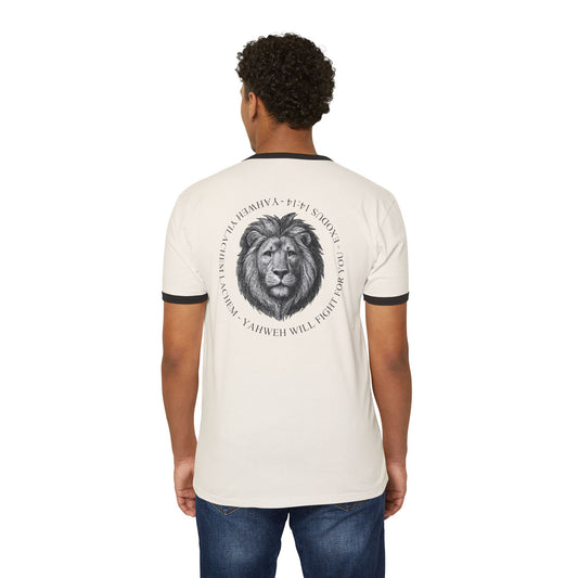 Ringer T-Shirt — Hebrew 'Yahweh Will Fight For You' with Lion Graphic Exodus 14:14